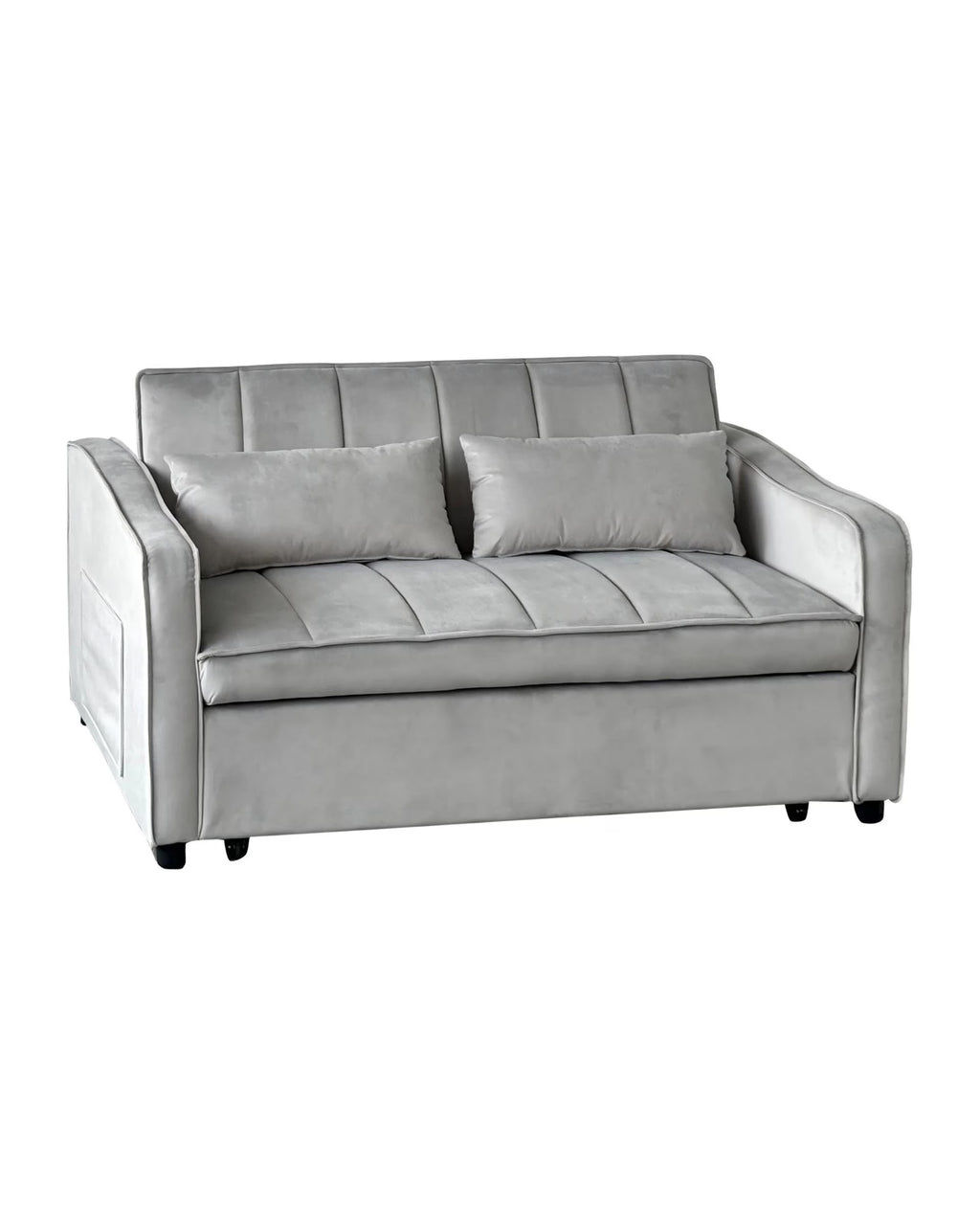 Velvet convertible sofa bed by Meuble Divino with pull-out sleeper and storage pockets, showcasing its plush upholstery and versatile design.