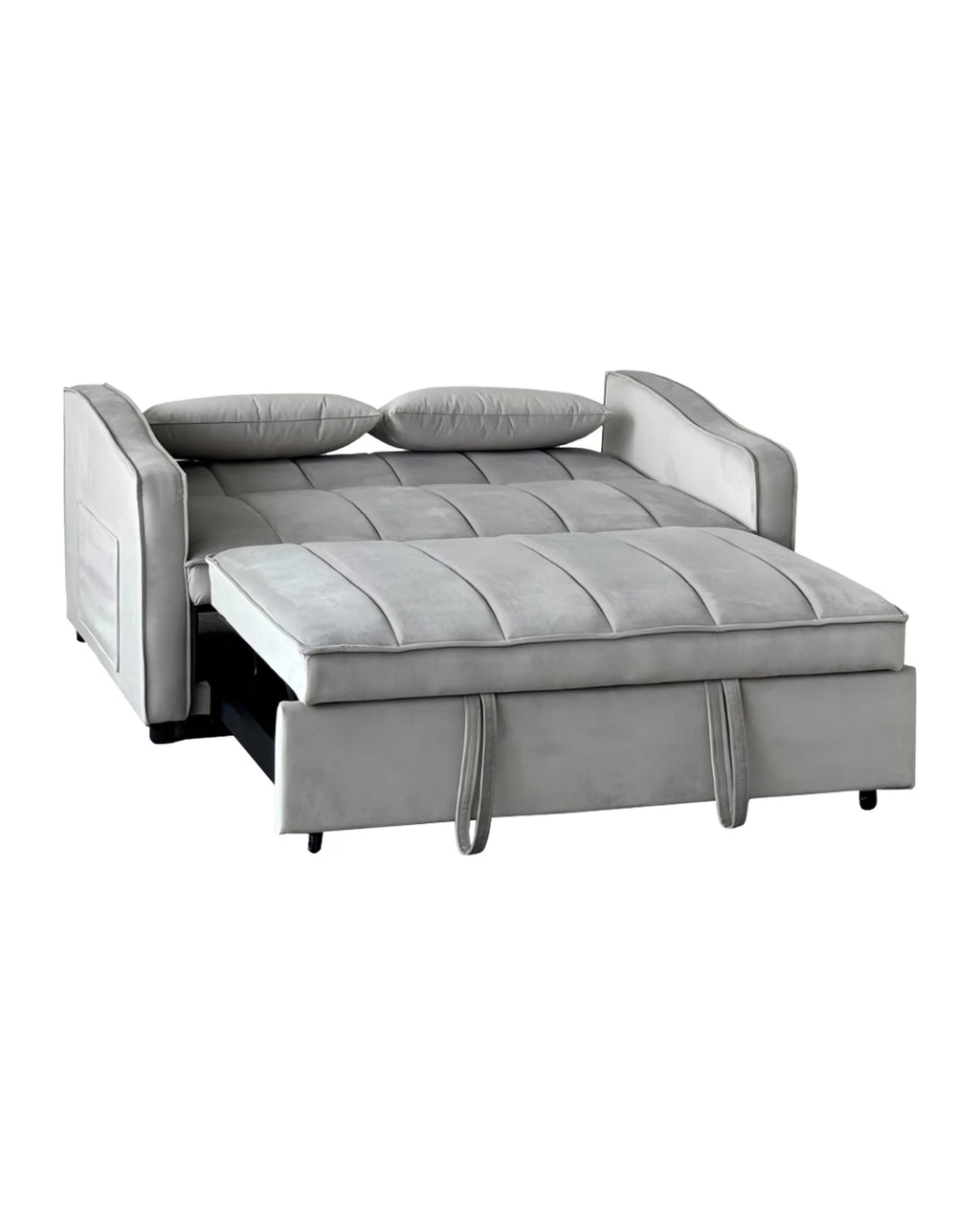 Velvet convertible sofa bed by Meuble Divino with pull-out sleeper and storage pockets, shown in a stylish living room setting.