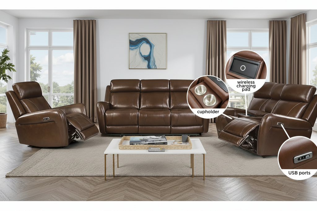 Chocolate modern 3-piece power reclining sofa set with console, USB ports, and wireless charging from Meuble Divino.