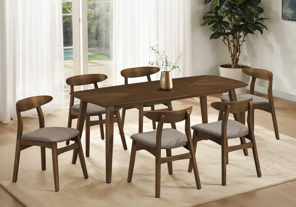 Mid-century walnut dining table with six chairs, new design, 72-inch rectangular top.