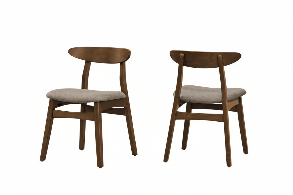 Set of 2 mid-century walnut dining chairs with beige fabric seats, sleek wooden design and modern style.