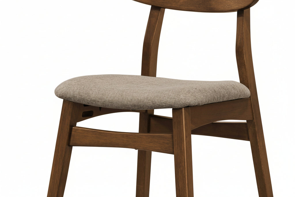 Set of 2 mid-century walnut dining chairs with beige fabric seats, stylish and comfortable for modern dining rooms.