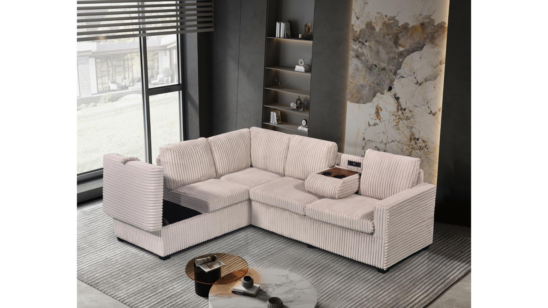 Beige Corduroy Sectional with Chaise Lounge, USB Console & Storage
