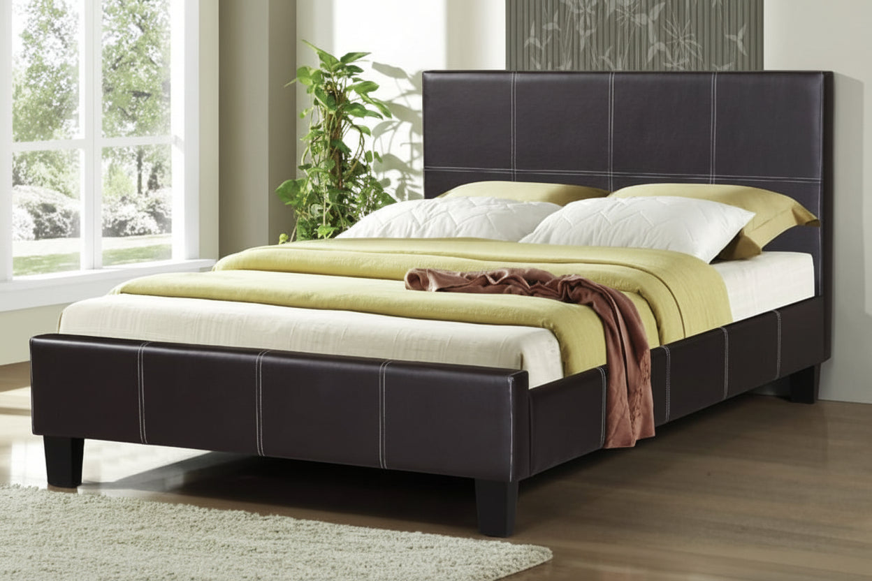 Meuble Divino Valen platform bed with a modern wood frame and clean lines, shown in a contemporary bedroom setting.