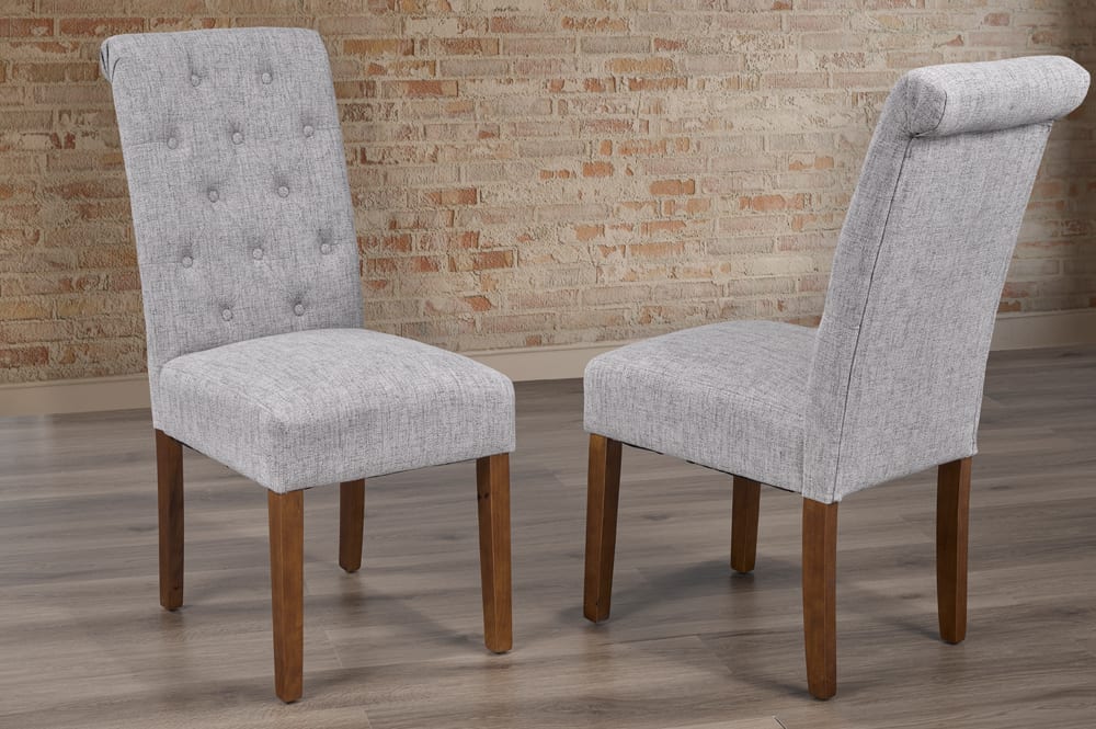 Set of 2 grey linen parson dining chairs with walnut legs and tufted back