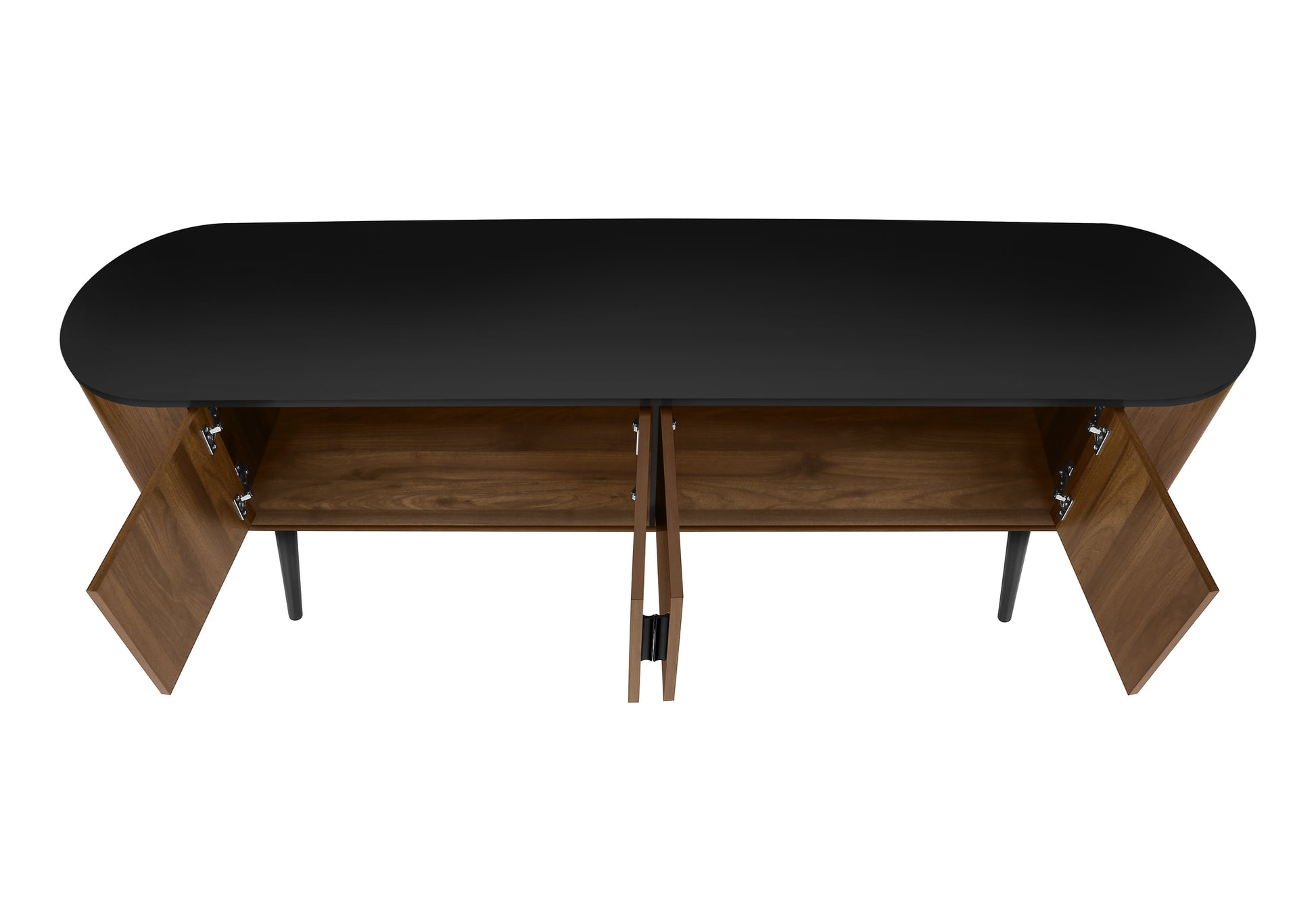 72-inch black and walnut TV stand with 4 doors and mid-century modern design.