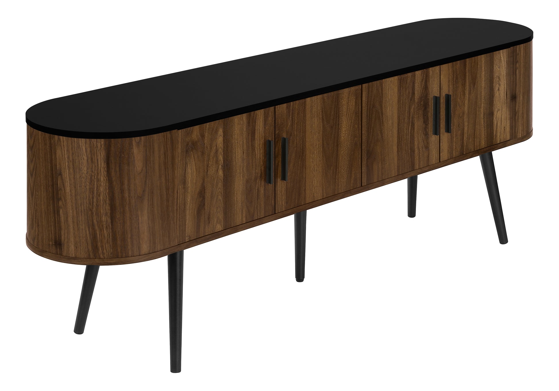 72-inch black and walnut TV stand with 4 doors and mid-century modern design.