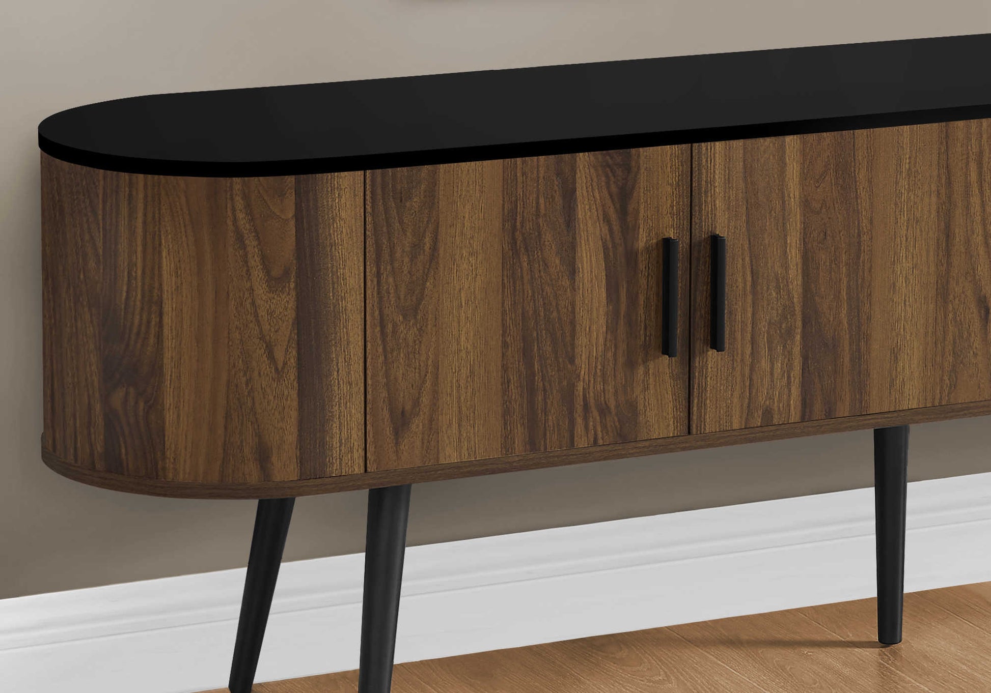 72-inch black and walnut TV stand with 4 doors and mid-century modern design.