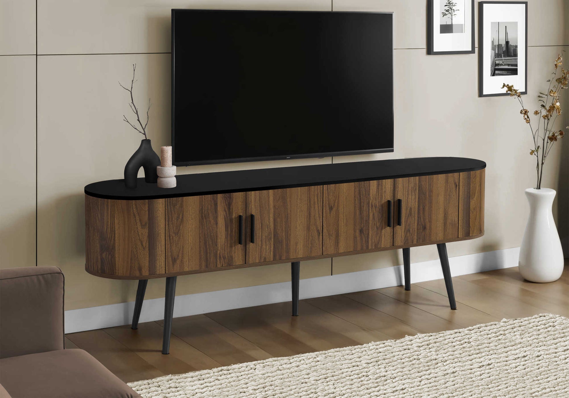 72-inch black and walnut TV stand with 4 doors and mid-century modern design.
