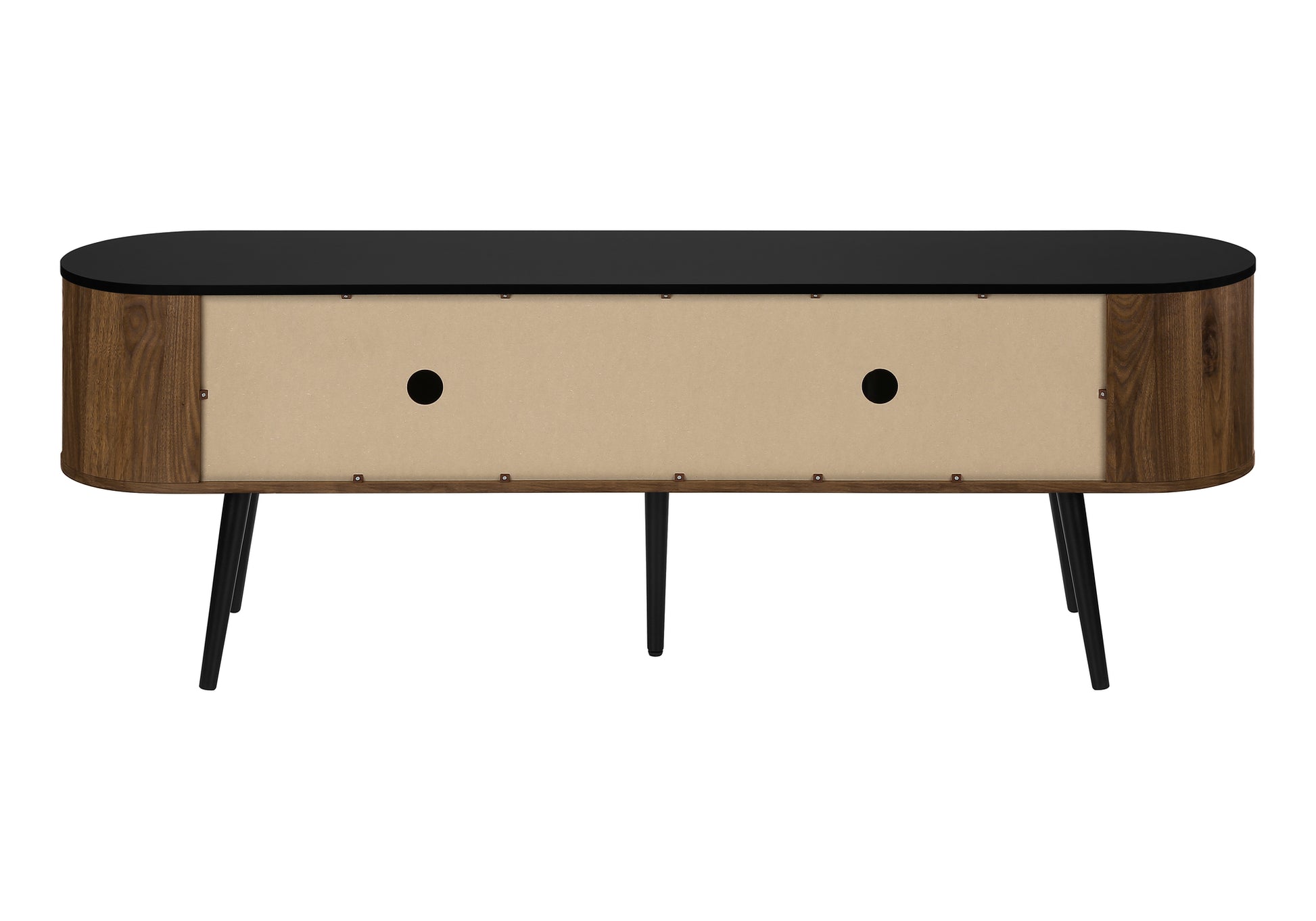 72-inch black and walnut TV stand with 4 doors and mid-century modern design.