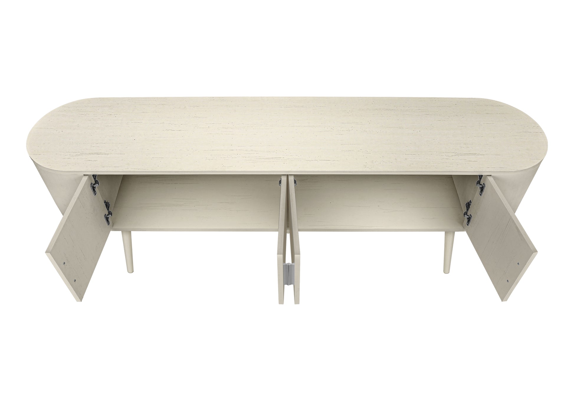 72-inch antique white TV stand with 4 doors and mid-century modern design.