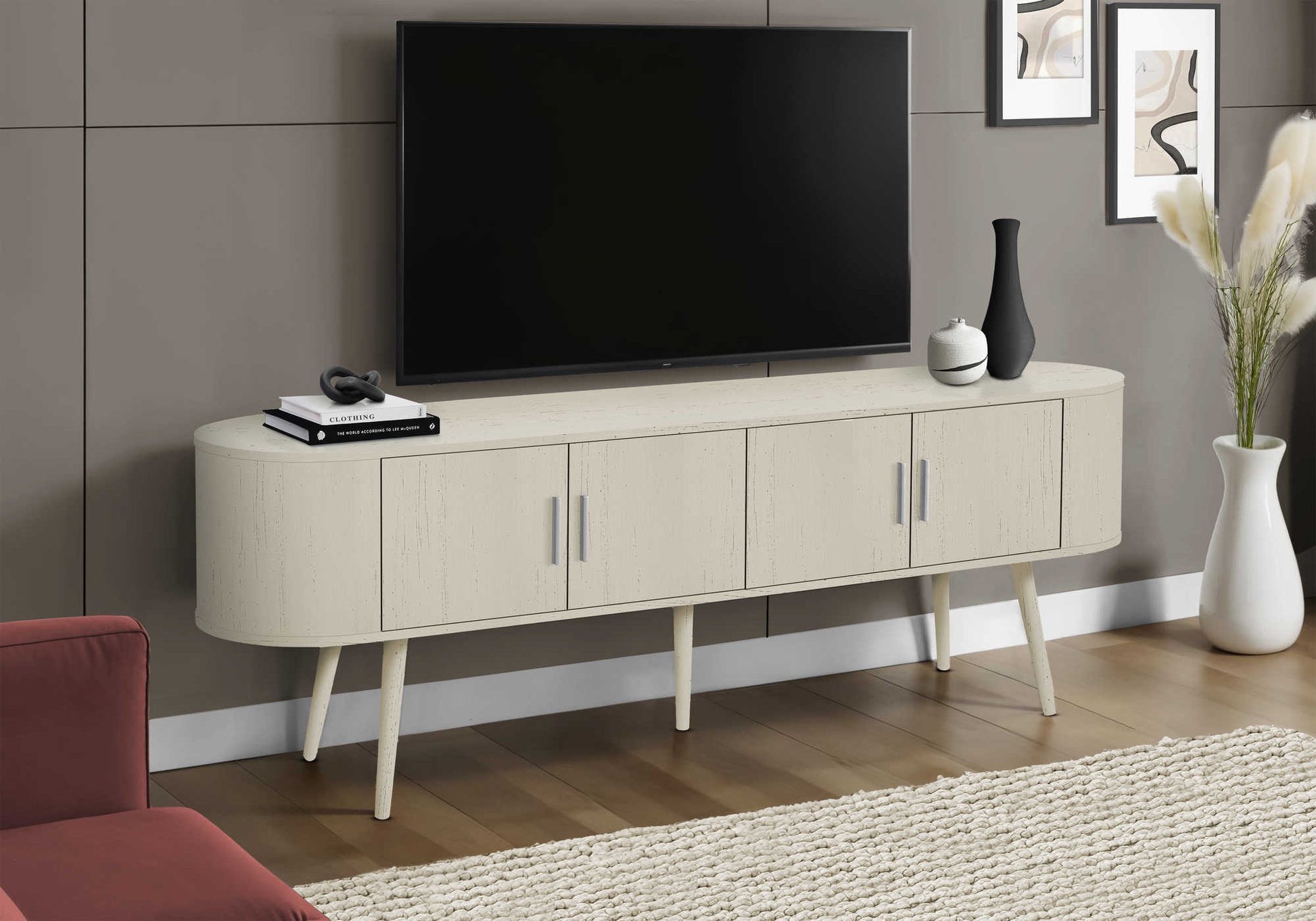 72-inch antique white TV stand with 4 doors and mid-century modern design.