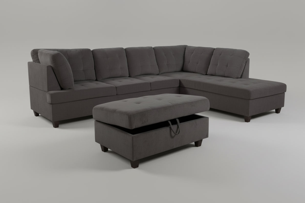 Dark grey sectional with storage ottoman