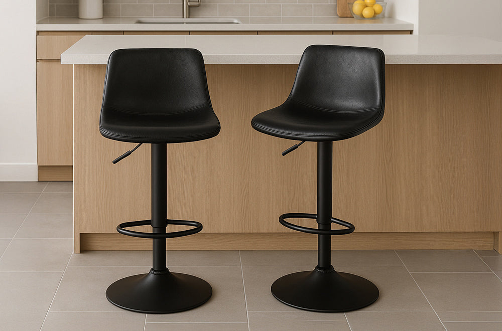 Set of 2 black leatherette adjustable low back bar stools with metal base