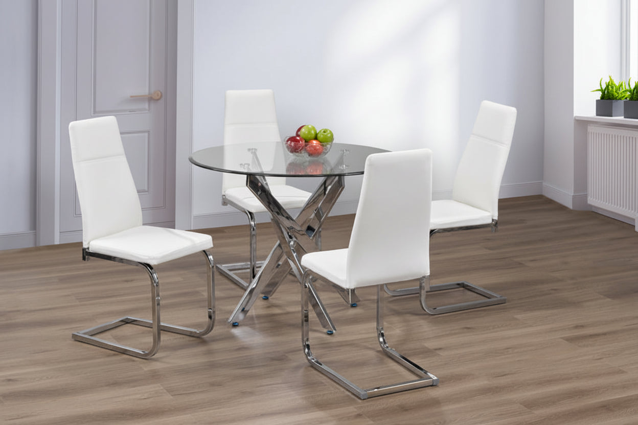Modern round glass dining table set with four chairs by MTL Meubles et Matelas, featuring a sleek glass tabletop and stylish seating.