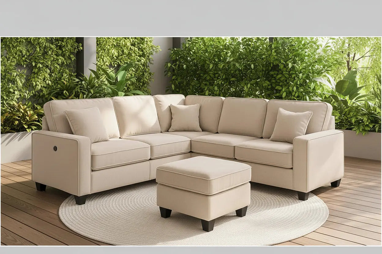 Modern beige L-shaped sectional sofa with matching ottoman by Meuble Divino, showcasing plush fabric and contemporary design.