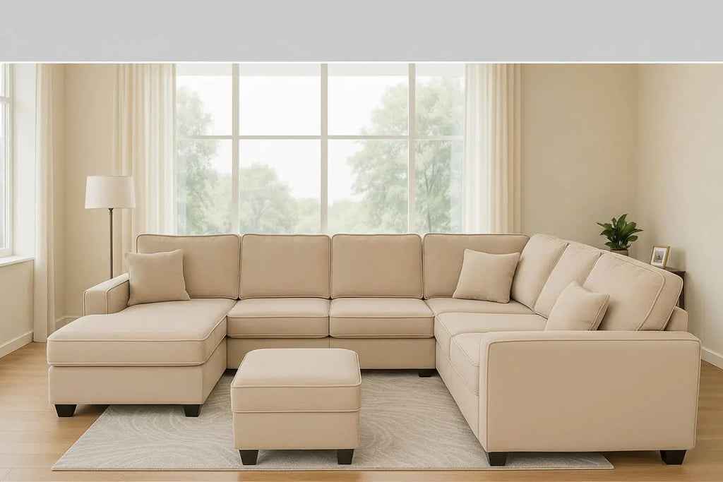 Modern L-shape sectional sofa with ottoman from Meuble Divino featuring built-in USB ports and plush fabric upholstery.