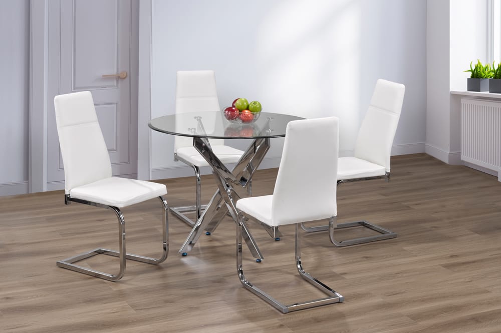 5-Piece Dining Set — Glass Table with White Chairs