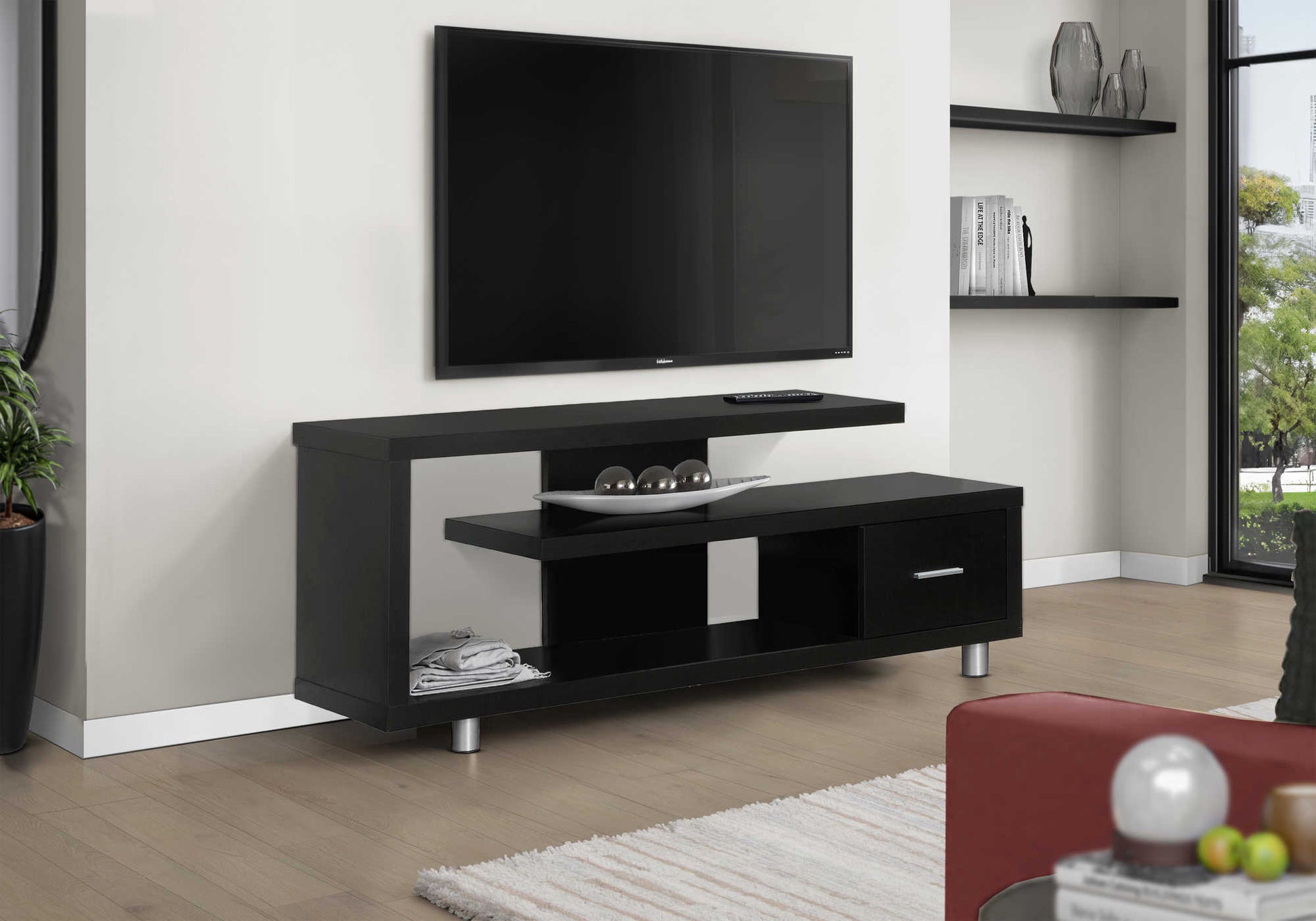 Espresso TV stand with drawer and open shelves