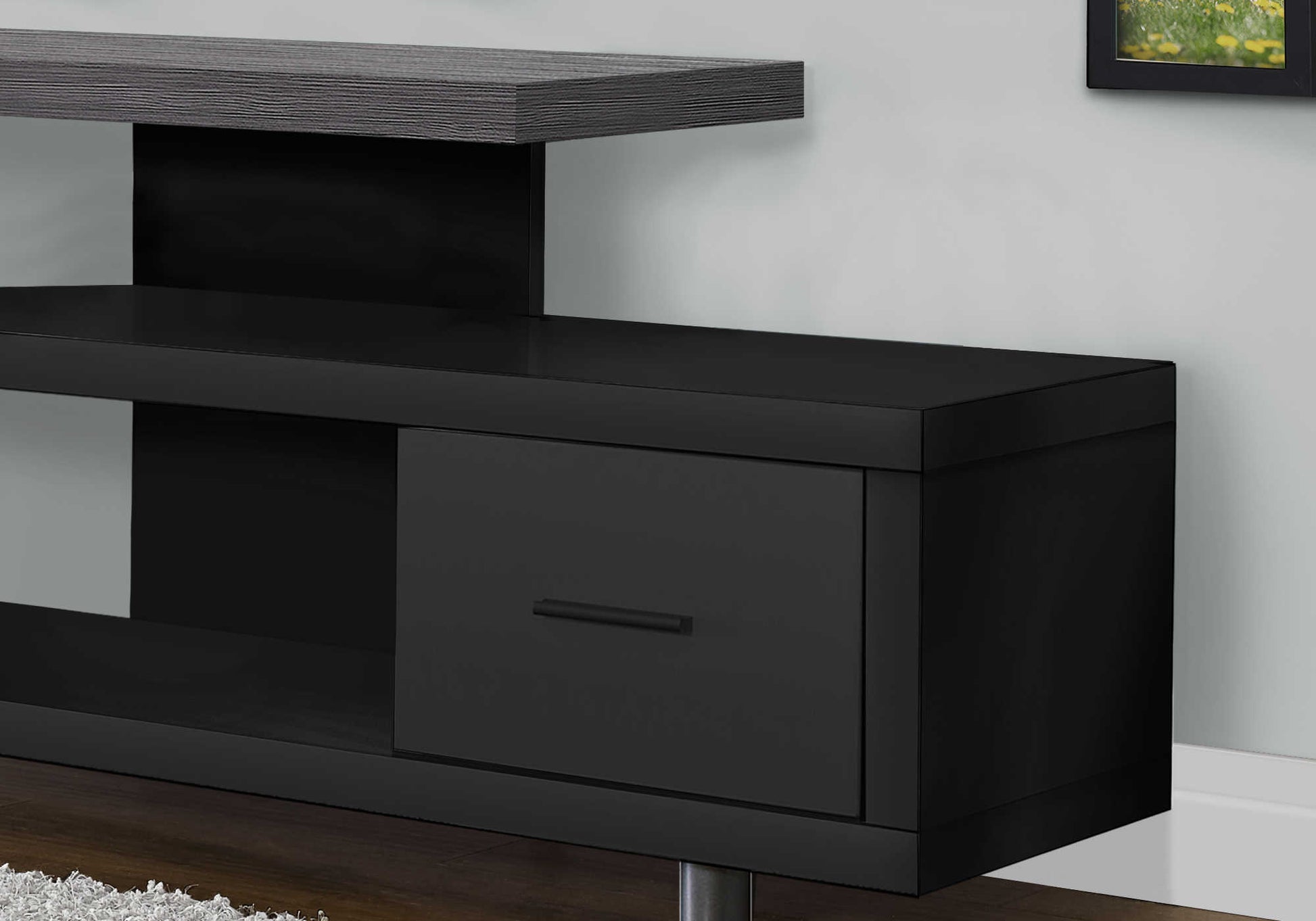 60” TV Stand with Drawer and Open Shelves — Noir-Grey