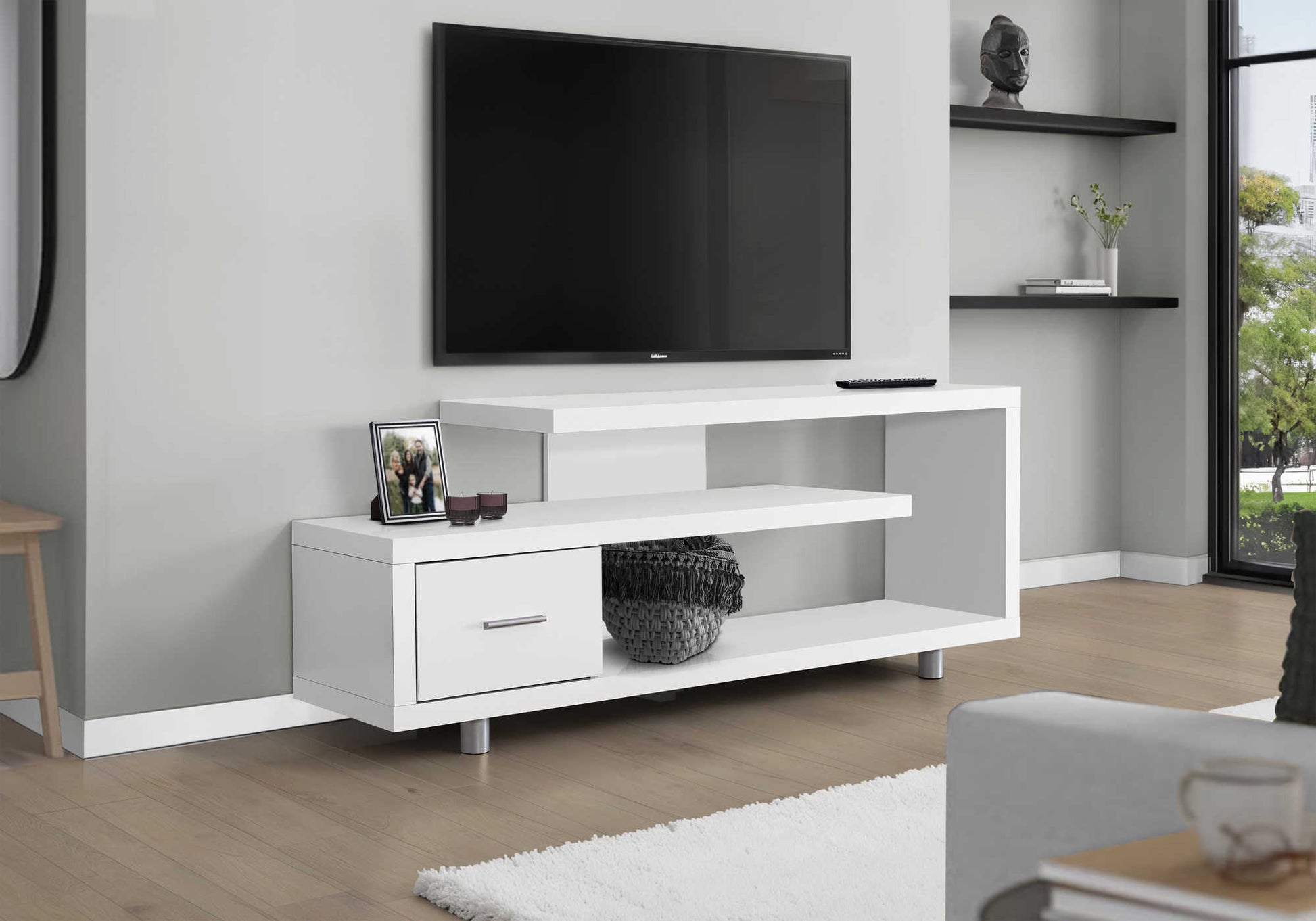 White TV stand with drawer and shelves – 60 inch