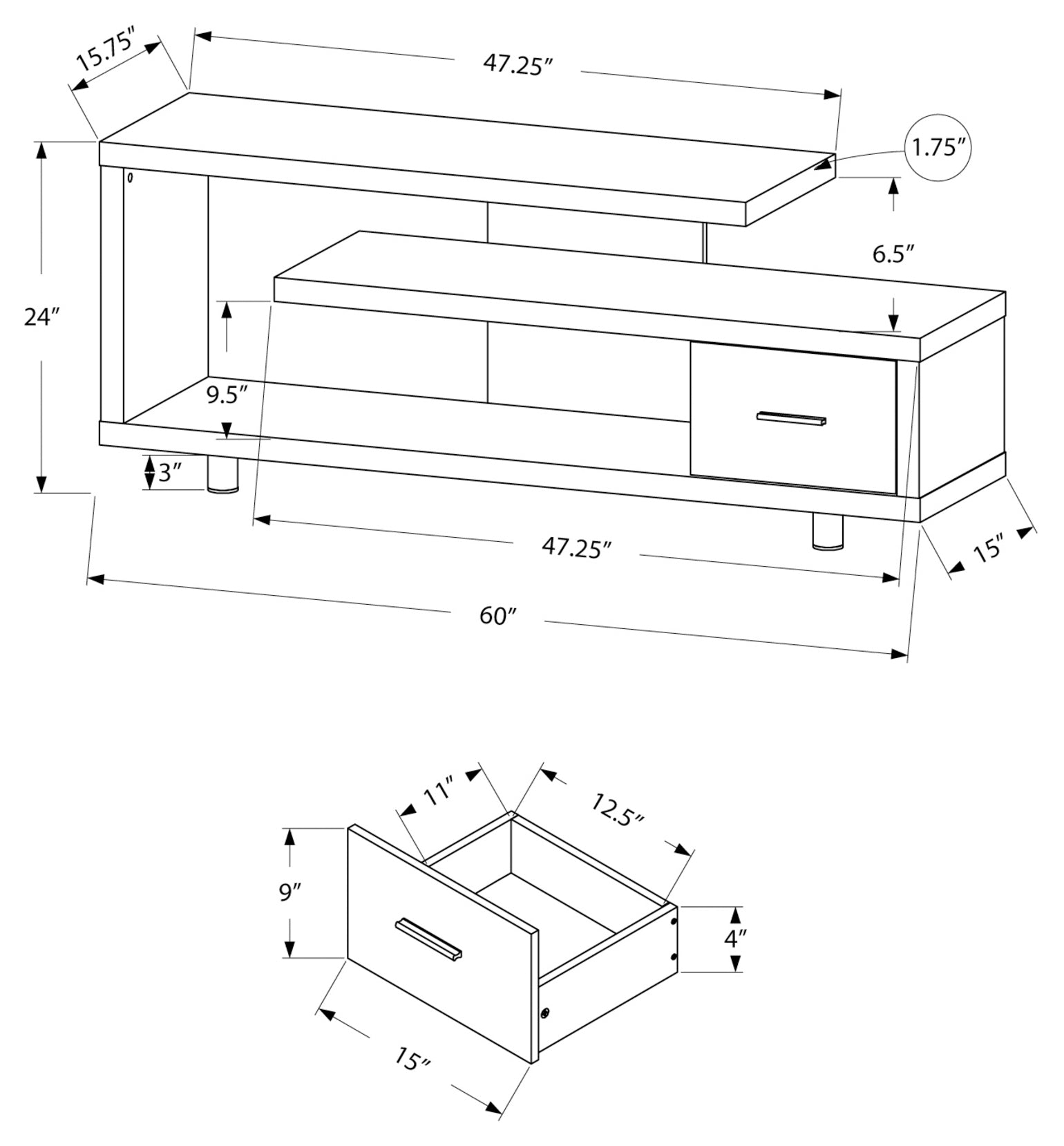60” TV Stand with Drawer and Open Shelves — White