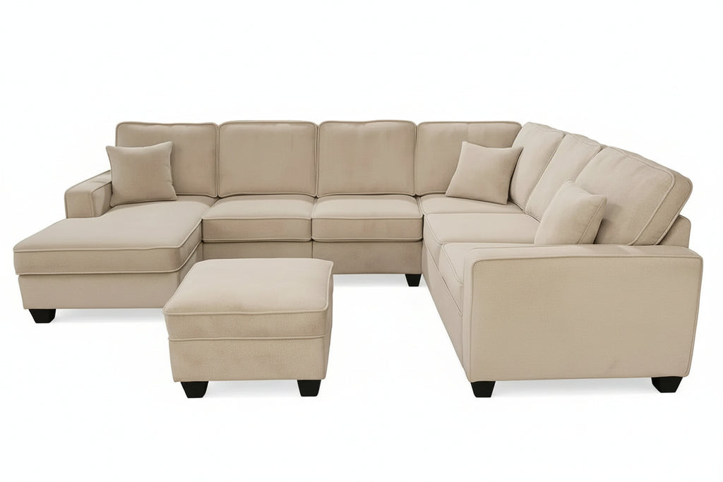 Modern Meuble Divino L-shape sectional sofa with ottoman and built-in USB ports, featuring plush cushions and contemporary design.