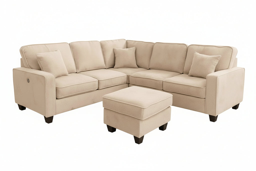 Modern beige L-shaped sectional sofa with matching ottoman by Meuble Divino, featuring plush upholstery and spacious seating.