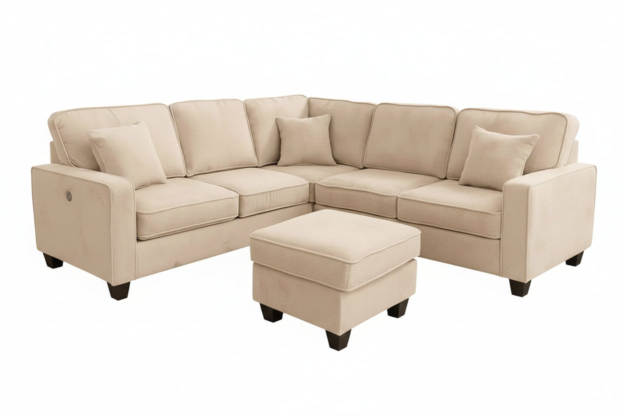 Modern beige L-shaped sectional sofa with matching ottoman by Meuble Divino, featuring plush upholstery and spacious seating.