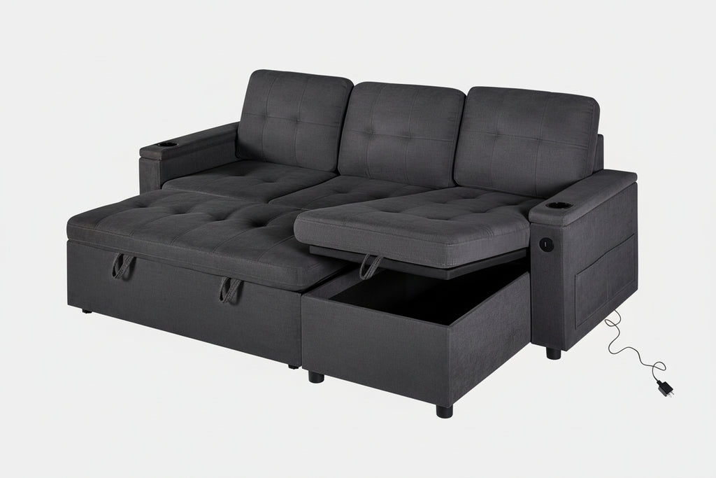 MTL meubles et Matelas sofa bed with built-in storage and USB charger, featuring a modern fabric design and comfortable seating.