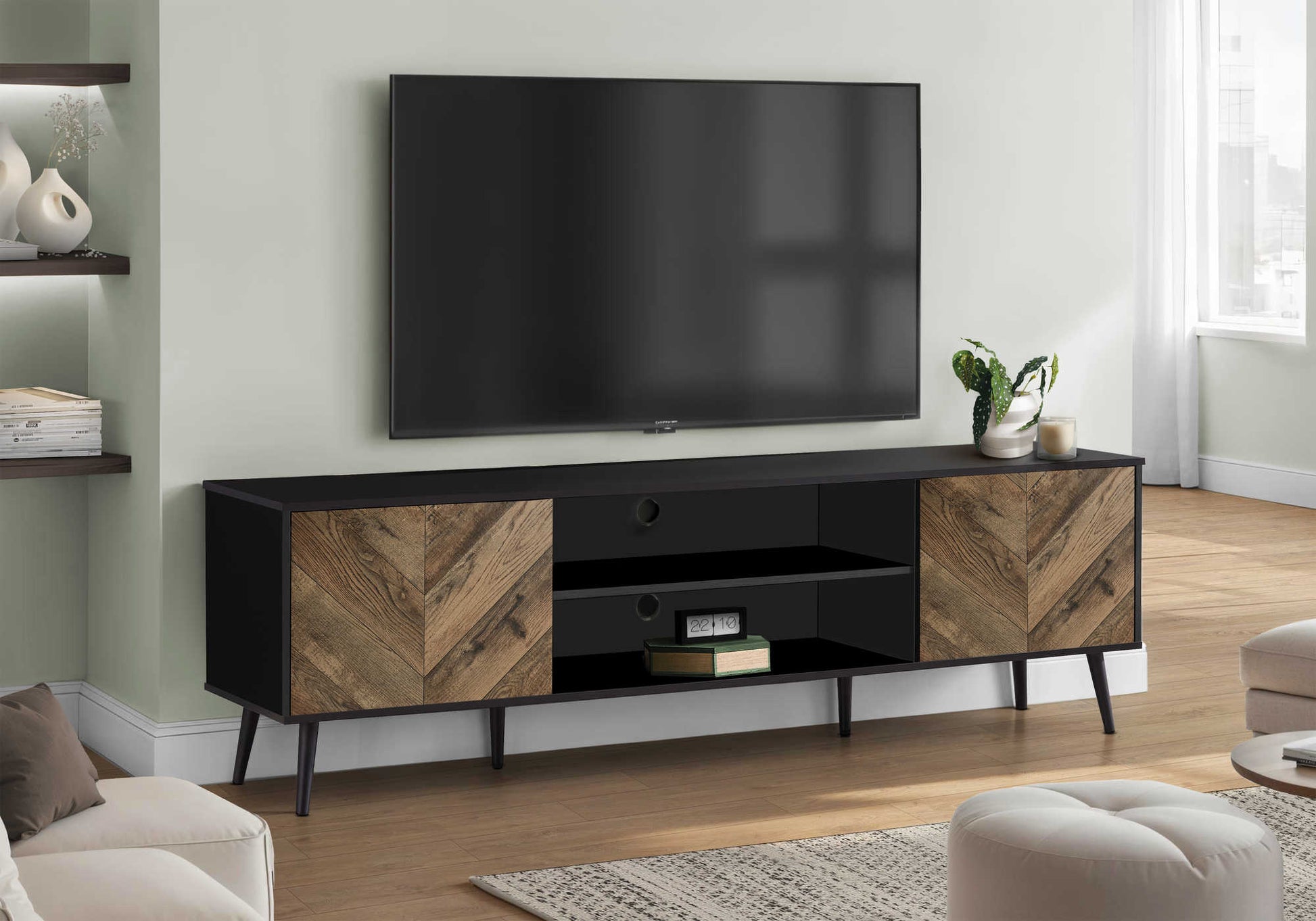 Black and brown TV stand with storage