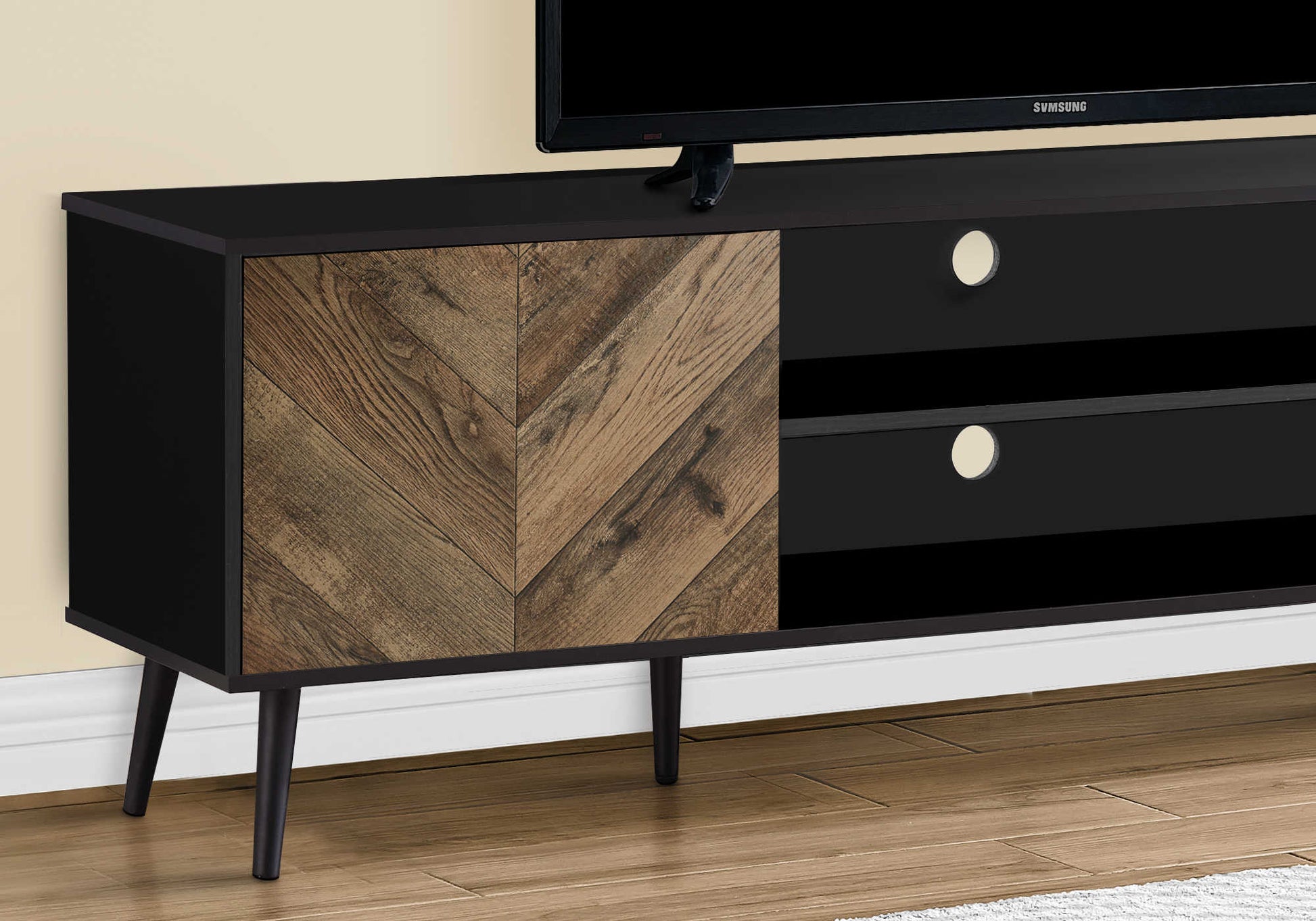72” TV Stand with Cabinets and Shelf — Black & Brown