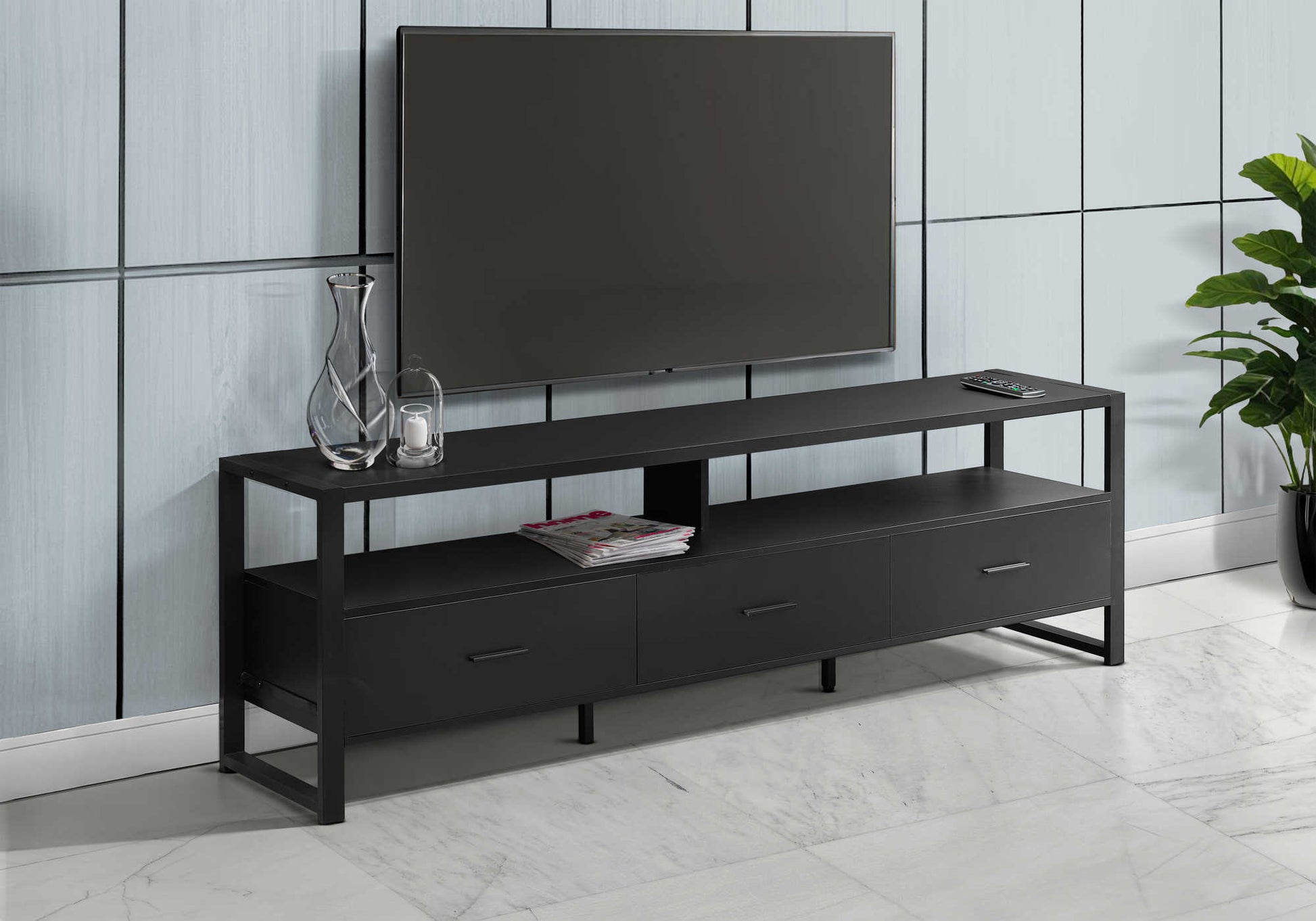 72” TV Stand with Drawers and Metal Legs — Black