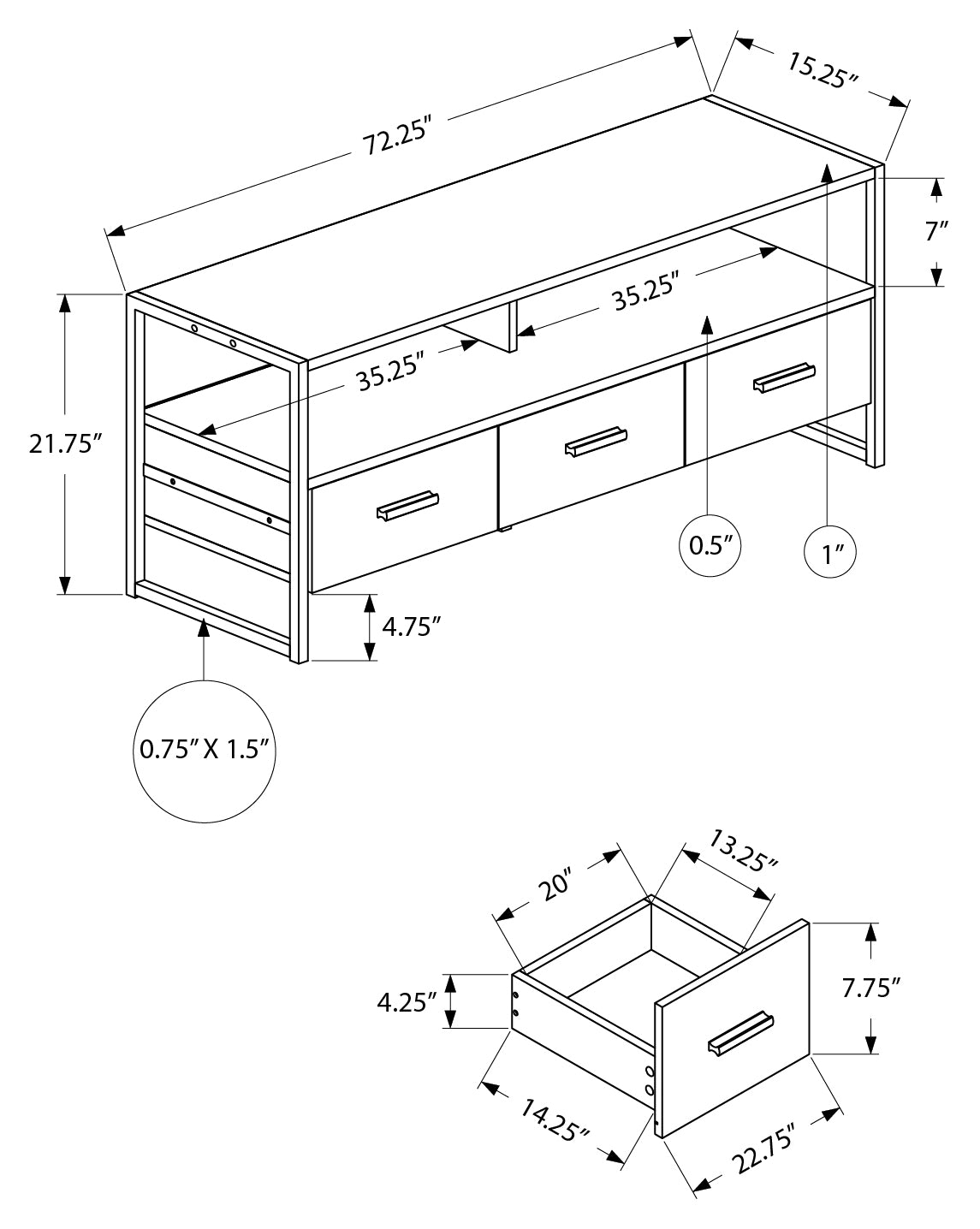 72” TV Stand with Drawers and Metal Legs — Black