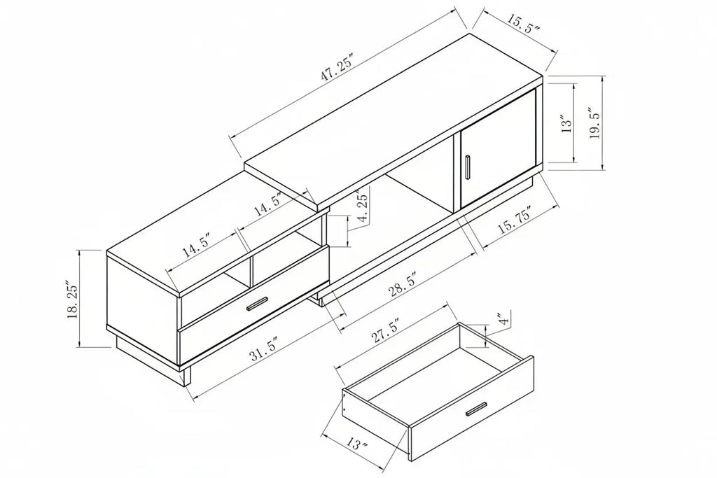 Expandable Meuble Divino TV stand with multiple shelves and a sleek wood finish, designed for modern living rooms.