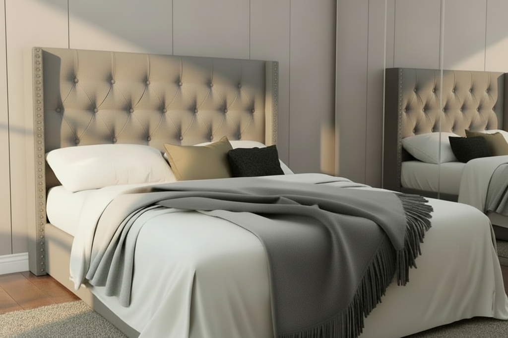 Grey wingback tufted queen bed frame with nailhead trim, featuring plush upholstery and elegant design from Meuble Divino.