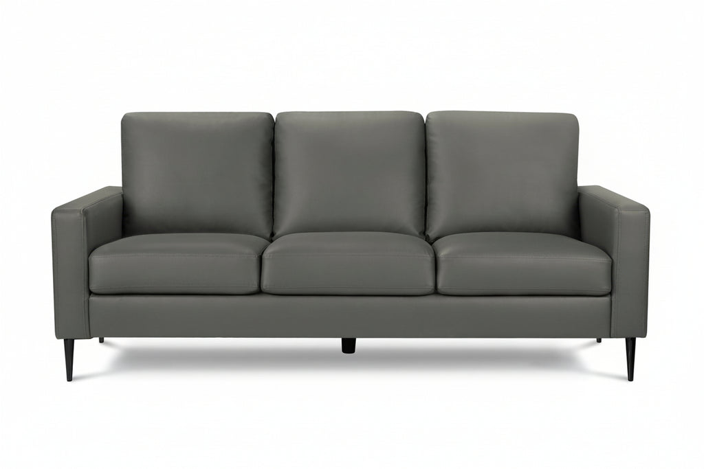 Meuble Divino Monroe sofa with plush gray fabric, modern design, and cushioned armrests, shown from a front view.