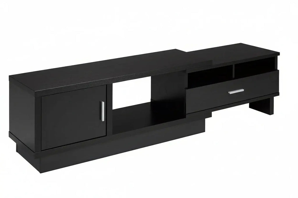 Expandable TV stand by Meuble Divino with wooden finish, featuring open shelves and adjustable height for modern living rooms.