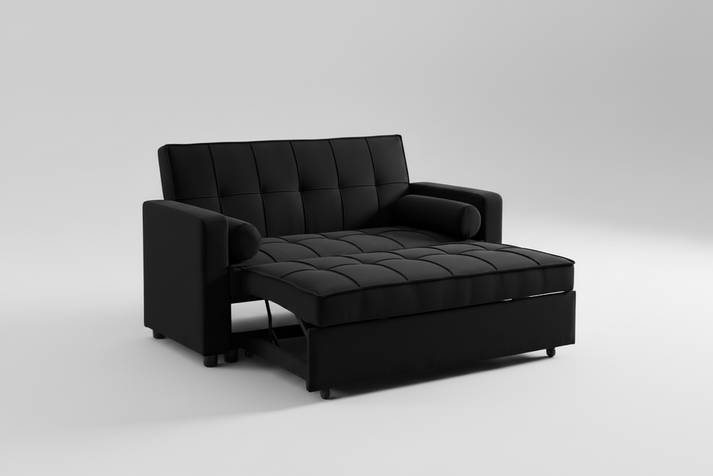 Velvet convertible sofa bed by Meuble Divino with pull-out sleeper and storage pockets, modern and comfortable living room furniture.