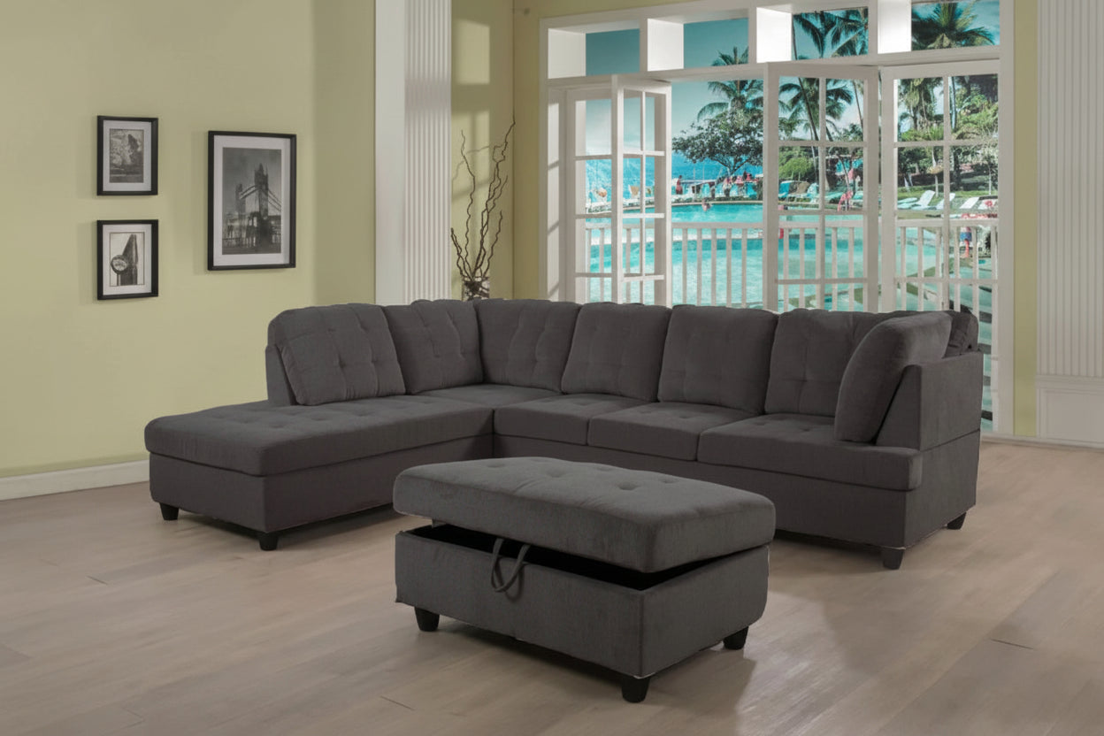 Dark grey sectional with storage ottoman