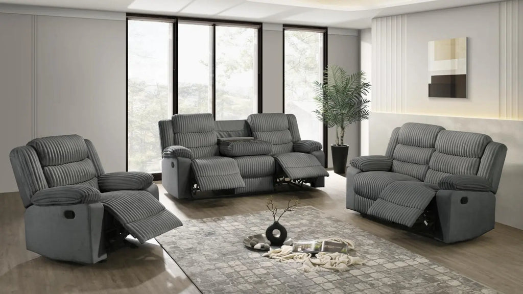 Grey velvet corduroy sofa set with manual recliners, 3-piece living room furniture by MTL meubles et Matelas.