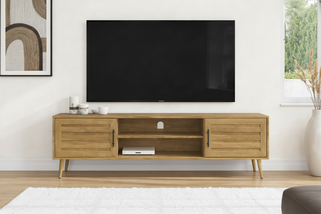 Modern Meuble Divino TV stand with open shelving and sleek design, ideal for supporting flat-screen televisions.