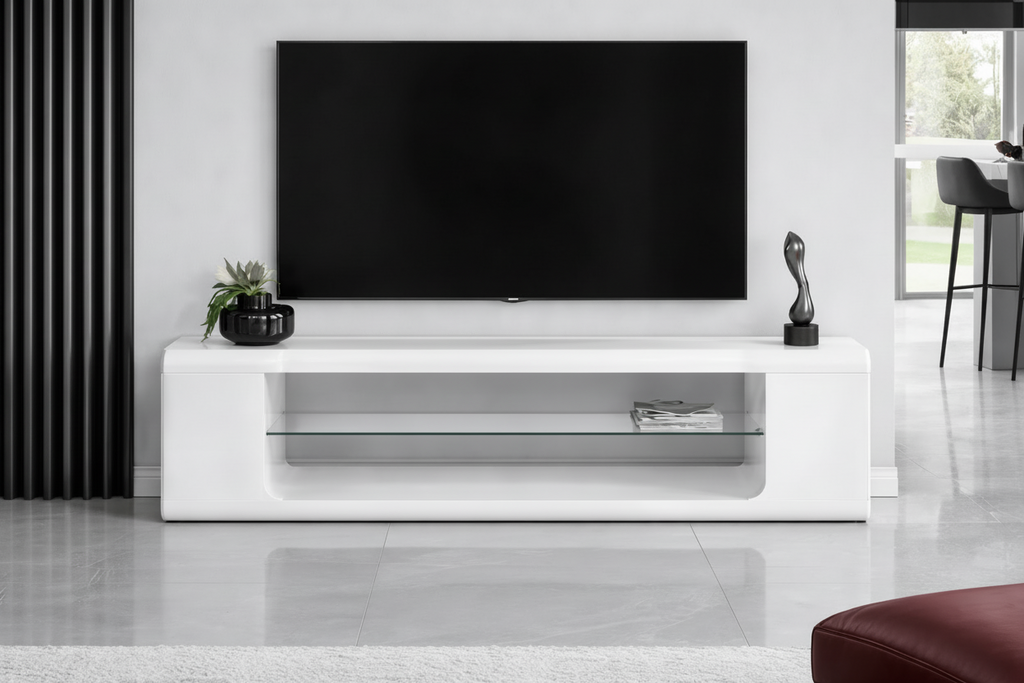 Modern white TV stand with open shelving and sleek design, made by MTL Meubles et Matelas, perfect for contemporary living rooms.