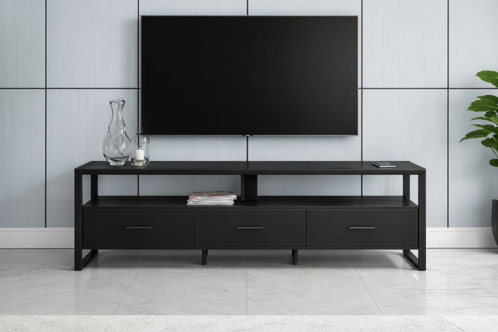 Black 72-inch TV stand with drawers and metal legs from MTL Meubles et Matelas, showcasing a modern, functional design.