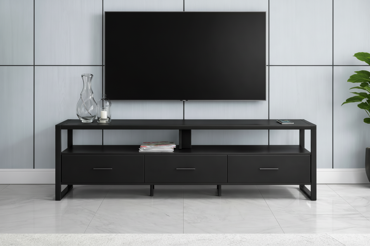 Black 72-inch TV stand with drawers and metal legs from MTL Meubles et Matelas, showcasing a modern, functional design.