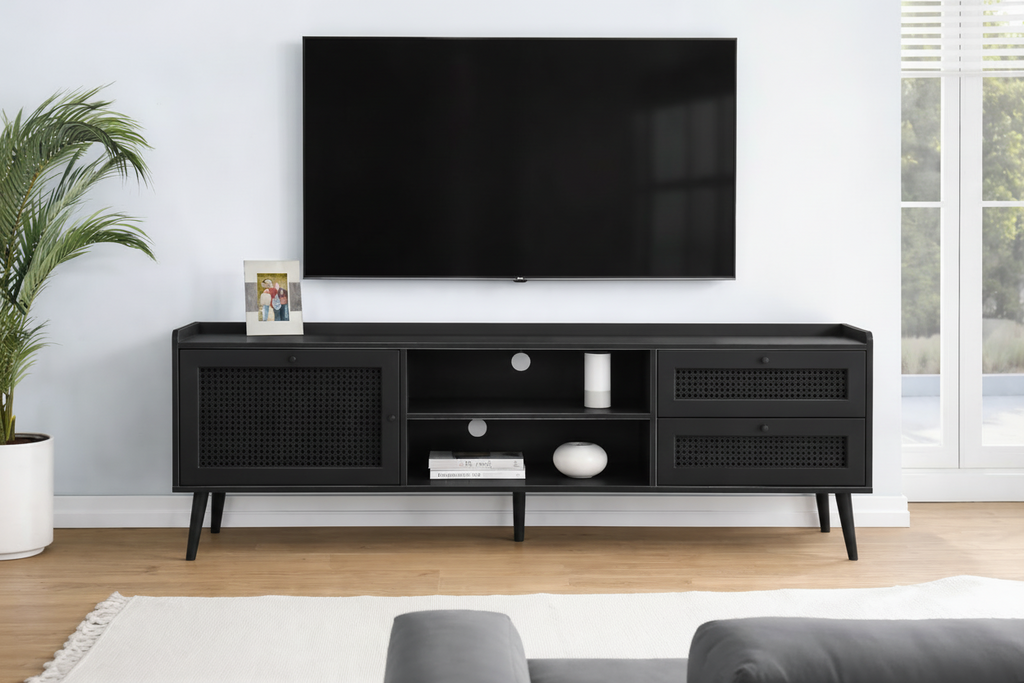 Black Meuble Divino TV stand with storage drawers and open shelf for media devices and decor.