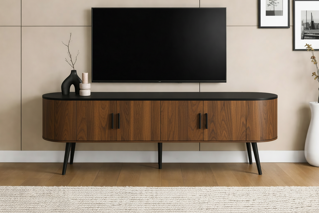 Black and walnut 72-inch TV stand with four doors in mid-century style, featuring sleek modern design and storage space.
