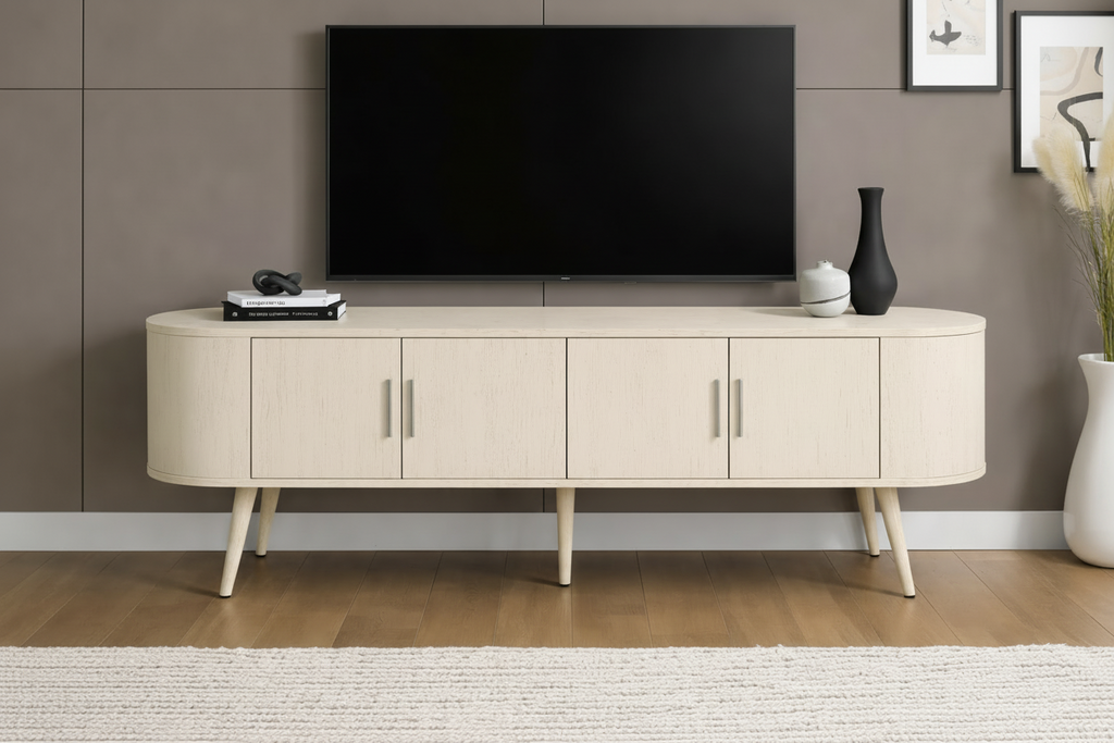 Antique white 72-inch TV stand with four doors in mid-century style, showcasing clean lines and modern design.