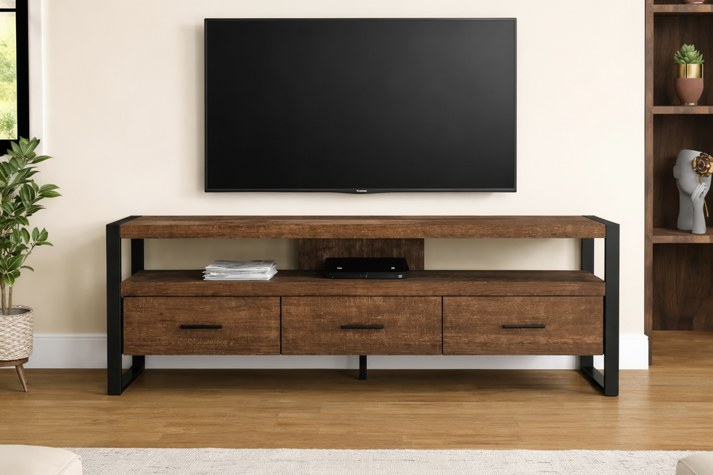 Meuble Divino TV stand with three drawers, modern wooden design, and sleek finish, perfect for living room entertainment setup.