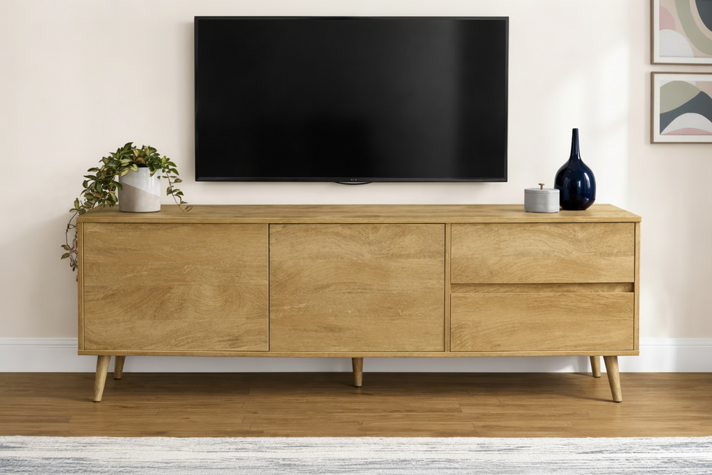 Walnut 72-inch mid-century TV stand with storage compartments, sleek design, and modern wood finish from MTL Meubles et Matelas.